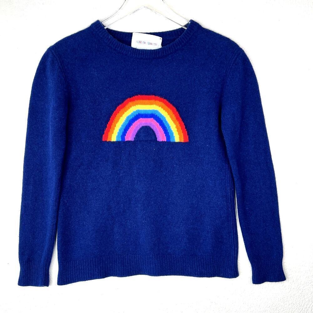 Alberta Ferretti Wool Cashmere Pullover Sweater Rainbow Navy Wool XS Shrunken